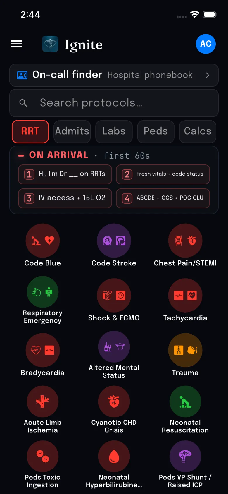 The protocol library on iOS, showing the rapid response tab, an on-arrival checklist for the first sixty seconds, and protocol tiles including Code Blue, Code Stroke, Chest Pain and STEMI, Shock and ECMO, Trauma, and Neonatal Resuscitation.